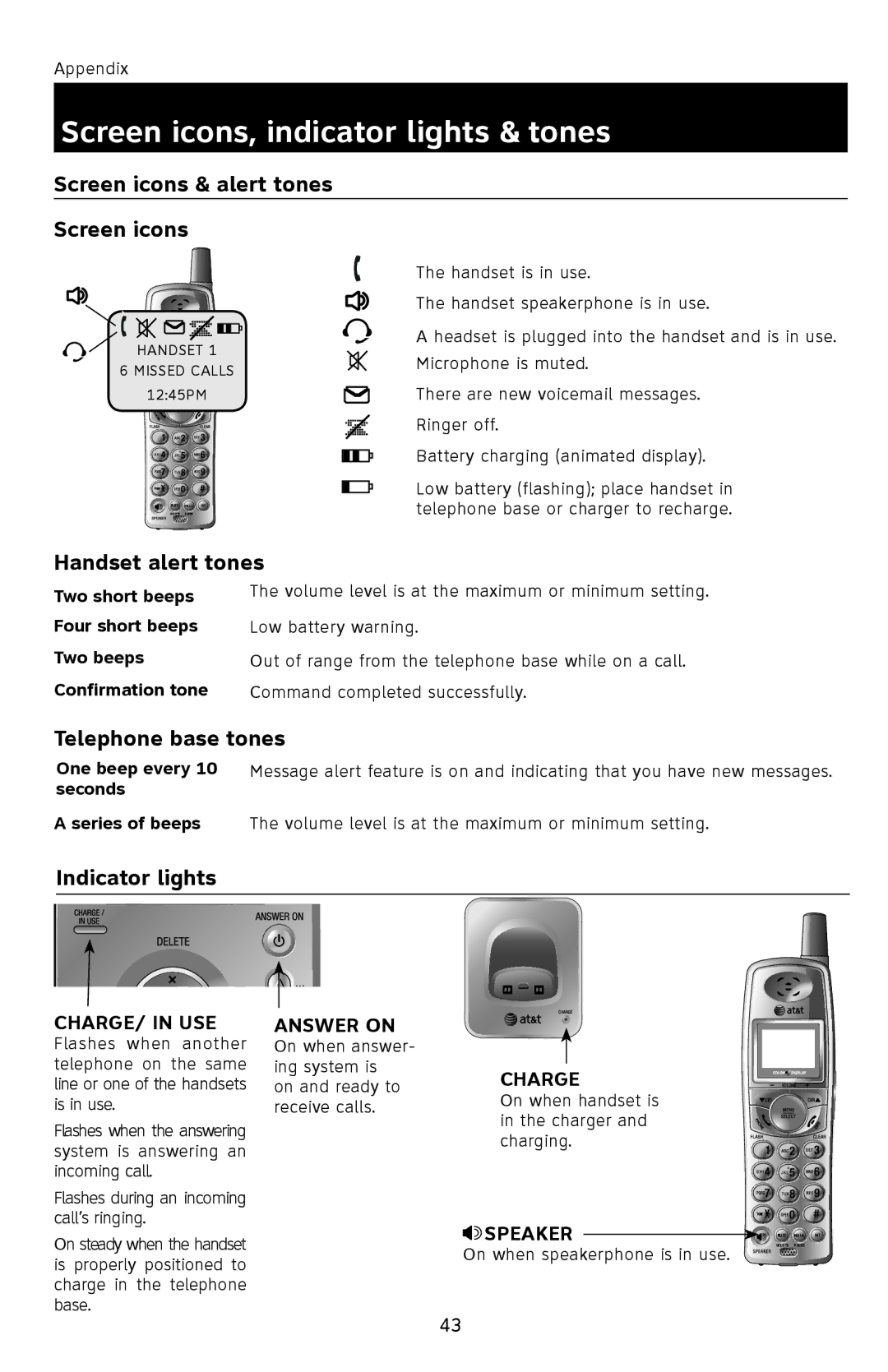 AT&T E1113B Screen icons, indicator lights & tones, Screen icons & alert tones, Handset alert tones, Telephone base tones 